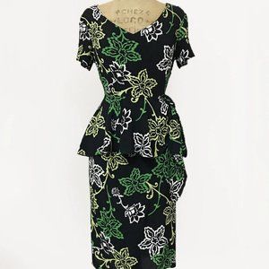 NWOT Loco Lindo Black & Green Stencil Floral Peplum Lena Wiggle Dress